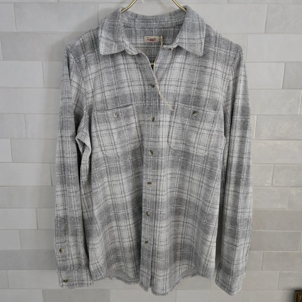 NEW Faherty Legend Sweater Shirt Button-Up Winter Clouds Plaid Gray Cream Med - Picture 9 of 13